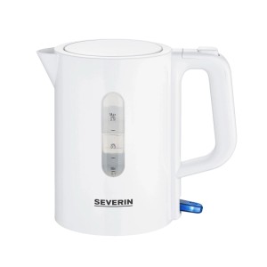 Weißer Severin Reise-Wasserkocher WK 3462 mit Wasserstandsanzeige, perfekt für Camping und Reisen.