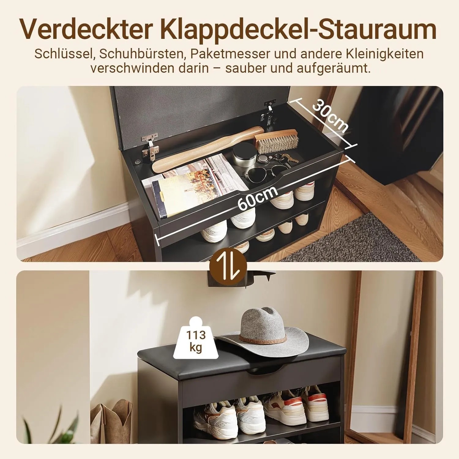Schwarze SoBuy Schuhbank mit gepolsterter Sitzfläche, verdecktem Stauraum und offenen Schuhregalen. Belastbar bis 113 kg.
