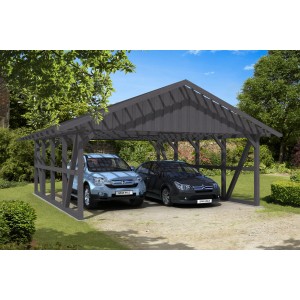 Grauer Skan Holz Carport Schwarzwald mit Dachlattung und zwei geparkten Autos.