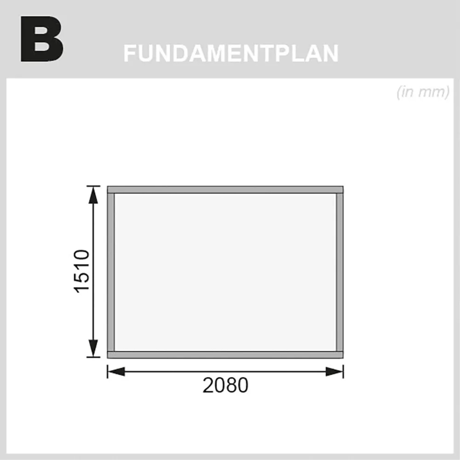 Fundamentplan für Karibu Holz-Gartenhaus Neuenburg, 208x150 cm. Maße in mm.
