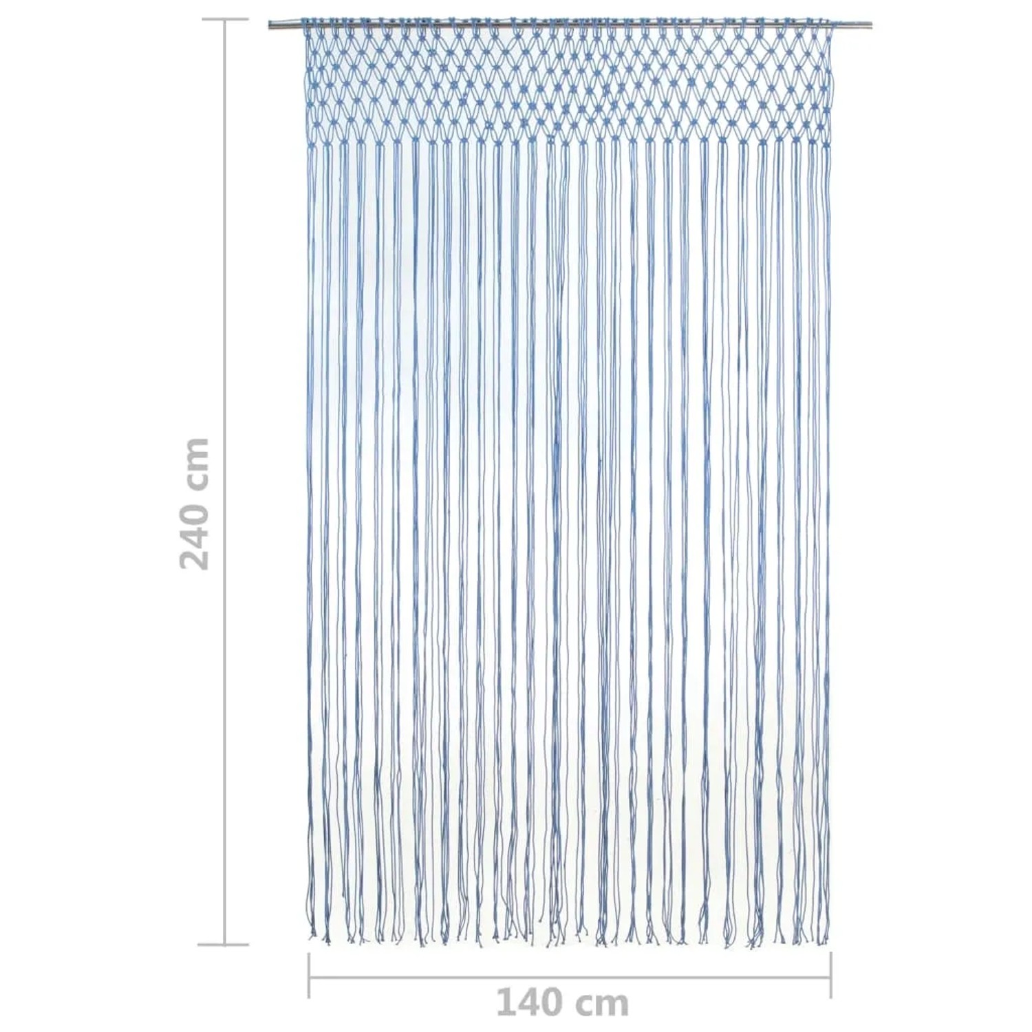 Blauer Makramee Vorhang (140x240 cm) aus Baumwolle, geeignet als Fenstervorhang oder Raumteiler.