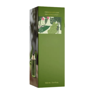 Grüne Verpackung für Luxus Raumduft Diffuser Litschi-Bergamotte. Zeigt grünen Glasflakon mit Duftstäbchen, 100 ml Inhalt.