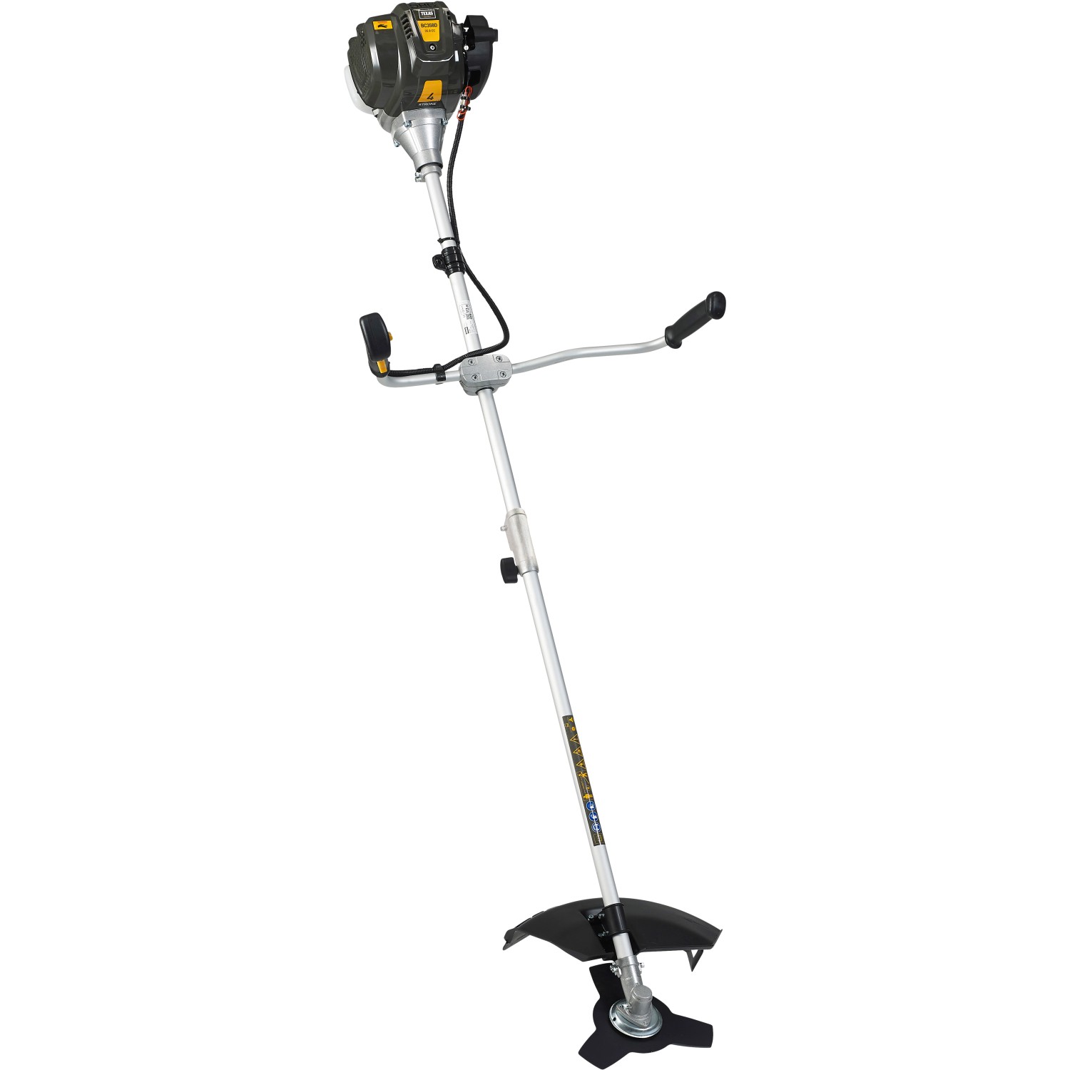 Texas Benzin Freischneider BC358D mit 3-Zahn-Messer und Tragegurt.