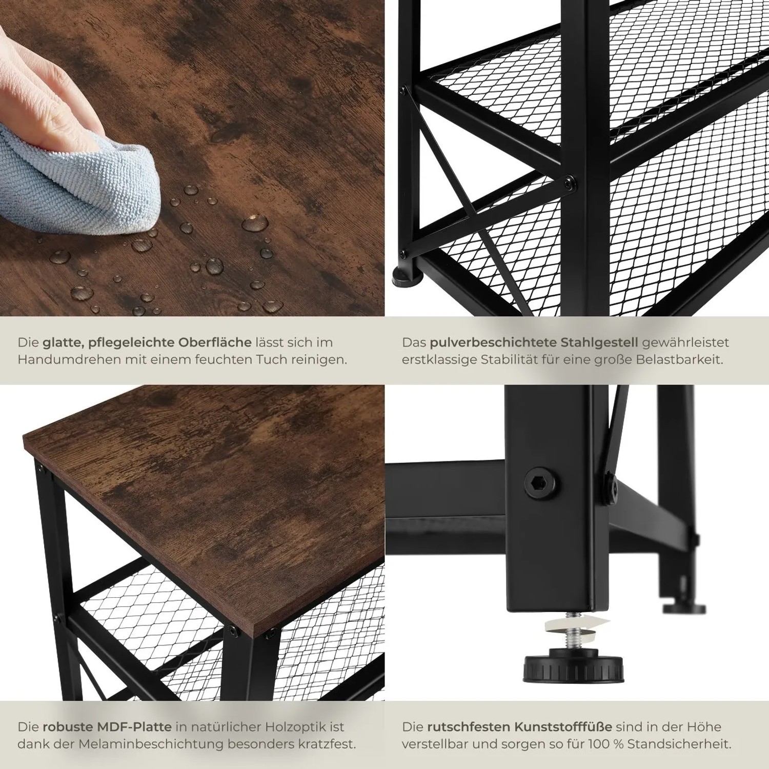 Tectake Schuhregal Blackpool: Dunkle Holzoptik MDF, schwarzes Stahlgestell, Gitterablagen, verstellbare Füße im Industrial Style.