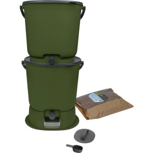 Skaza Bokashi Essential 2er Set in Olivegrün mit Zubehör und Aktivator für die Küchenkompostierung.
