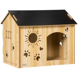 PawHut Hundehütte aus Holz in Eiche/Schwarz mit Herz-, Sonnen- und Pfoten-Motiven.