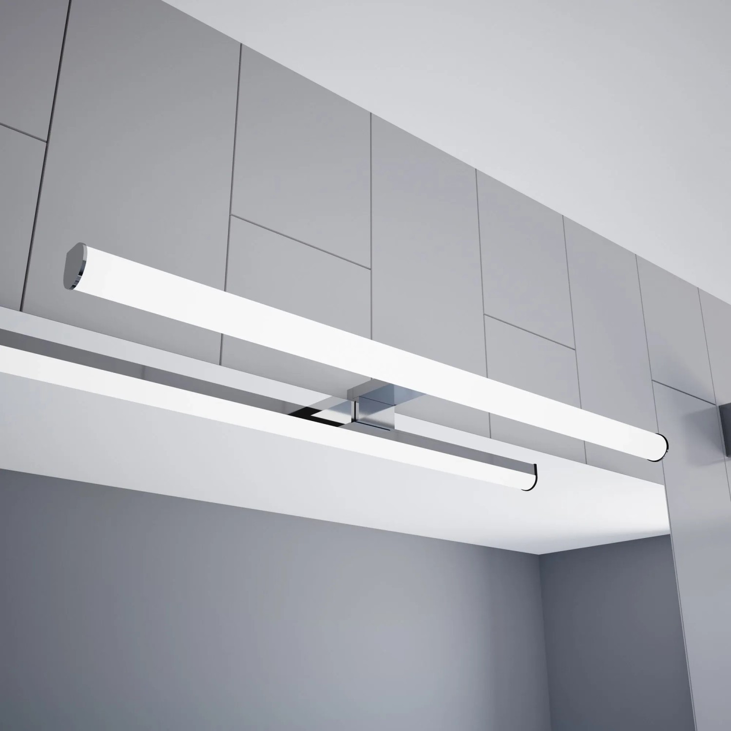 Verchromte LED Spiegelleuchte, 60cm, Aufbauleuchte für Bad, warmweißes Licht.