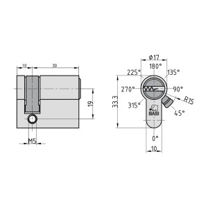 Technische Zeichnung Basi V55 Profil-Halbzylinder 10/30 mm, Maße und Winkelangaben.