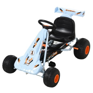 HOMCOM Go Kart Kinderfahrzeug, hellblau mit schwarzen Sitzen, orange Akzenten, Spoiler und Pedalbremsen für Kinder.
