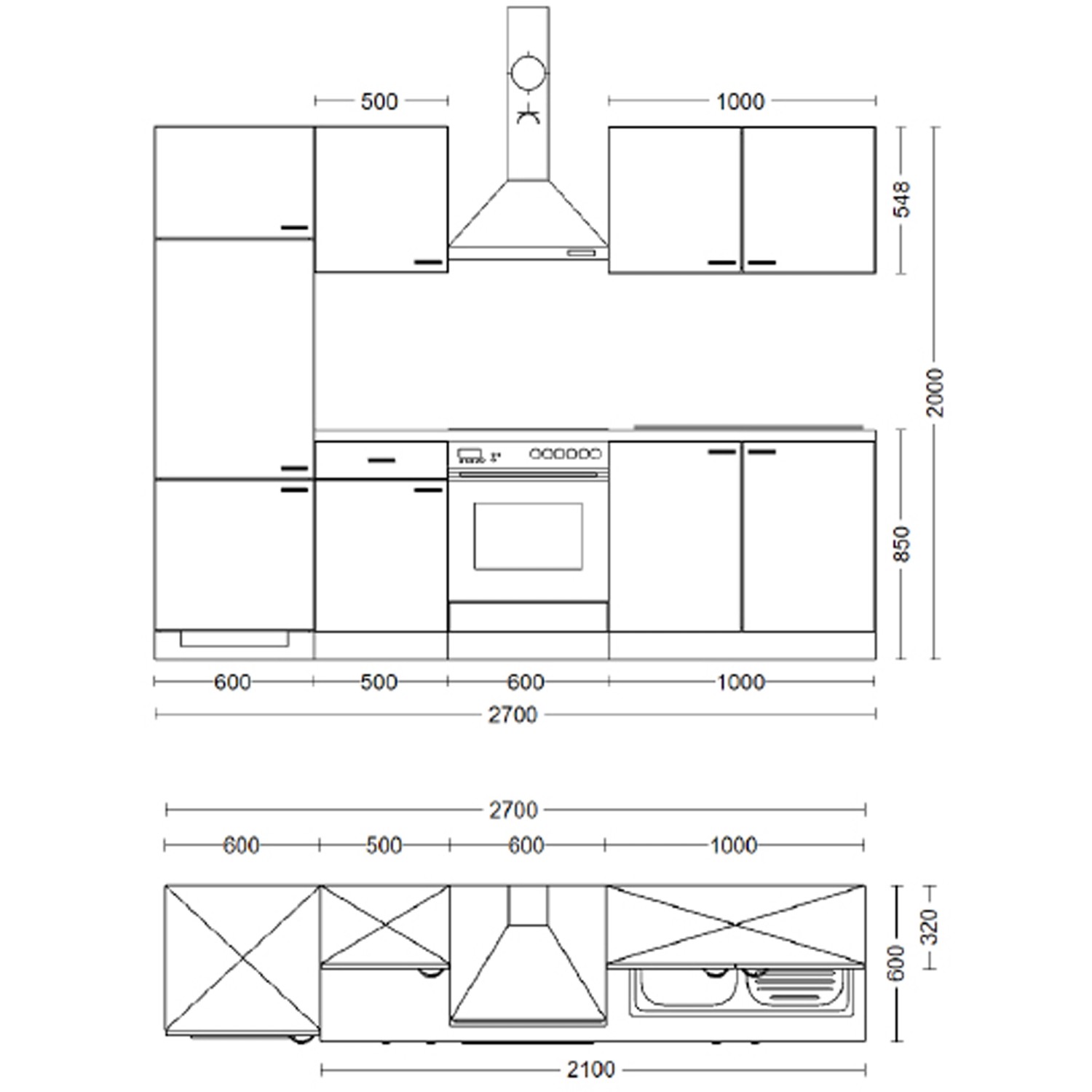 Skizze der Flex-Well Exclusiv Küchenzeile Cara 270 cm in Schilfgrün/Artisan Eiche mit Maßen.