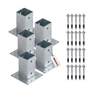 5 verzinkte HOLLMAX Aufschraubhülsen 71mm für Vierkantpfosten mit 20 Schwerlastankern. Silberne Pfostenträger für feste Untergründe.