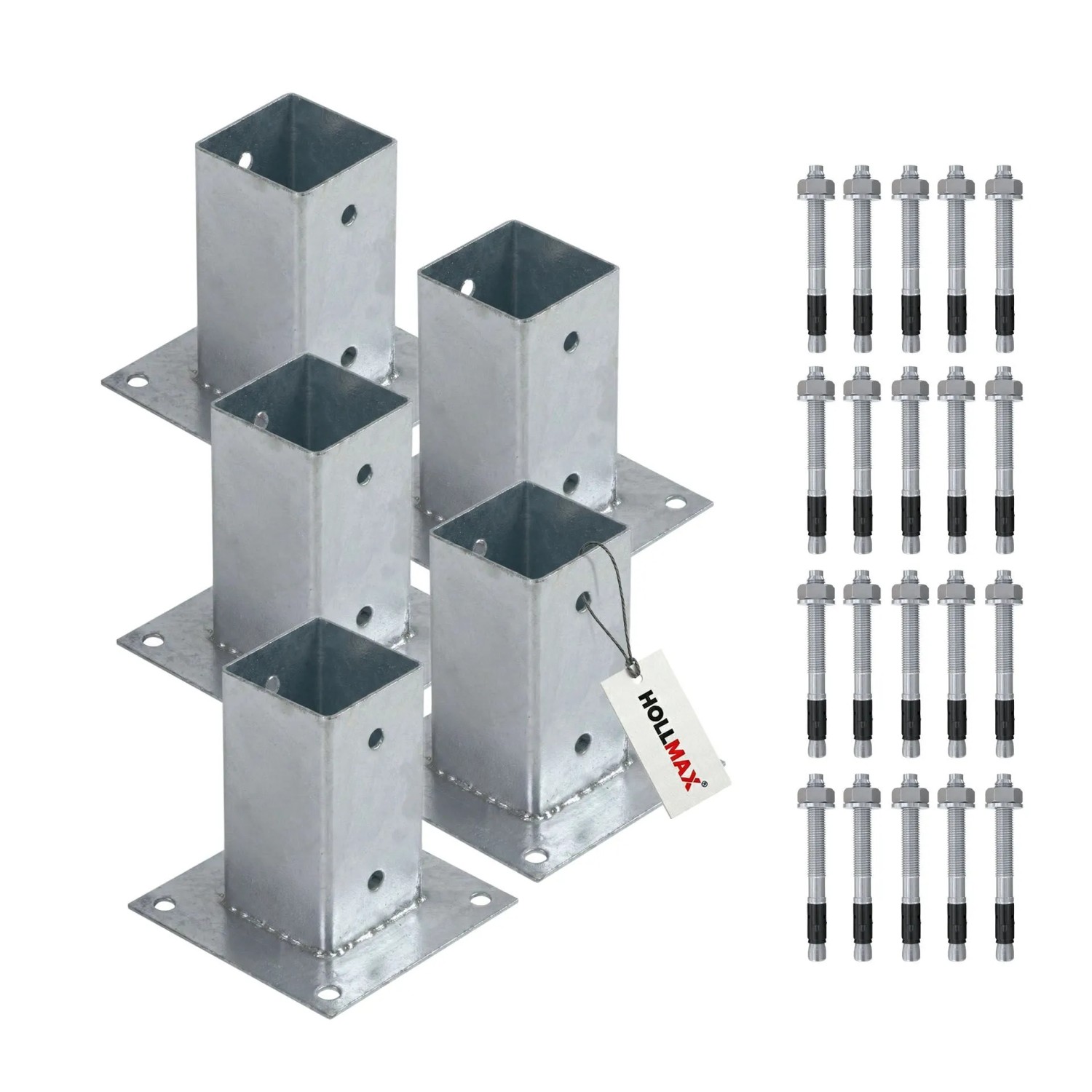 HOLLMAX 5 Stk. Aufschraubhülse/Pfostenträger 71 mm inkl. Schwerlastanker 10 x 100 mm Verzinkt Silber für Vierkantpfosten
