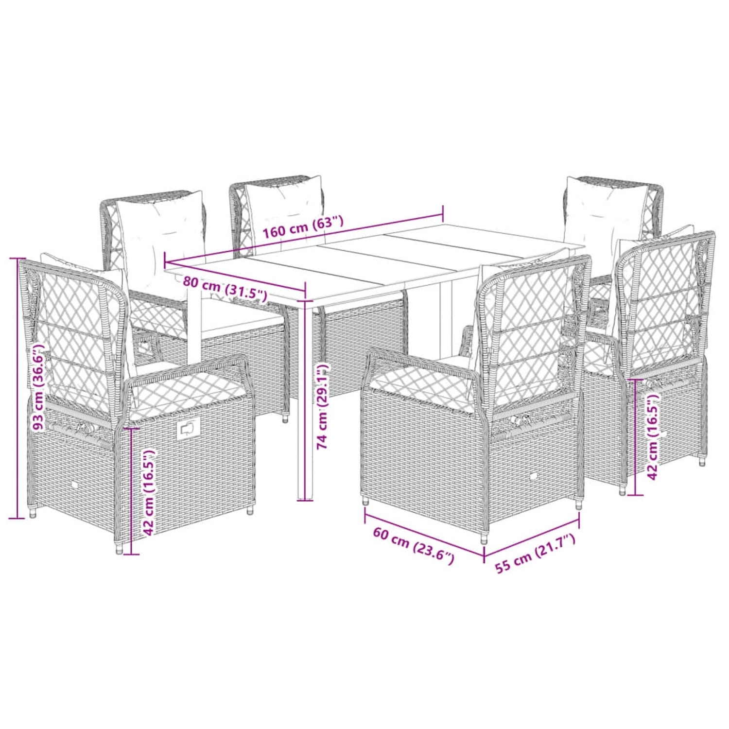7-tlg. Garten-Essgruppe vidaXL aus beigem Polyrattan mit Tisch und 6 Stühlen mit Kissen.