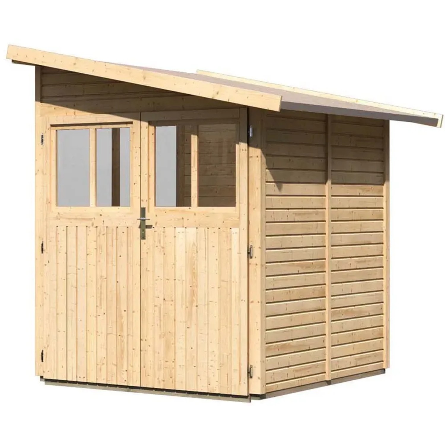 Karibu Holz-Gartenhaus Kristiansund, unbehandelt, mit Pultdach und Doppeltür.
