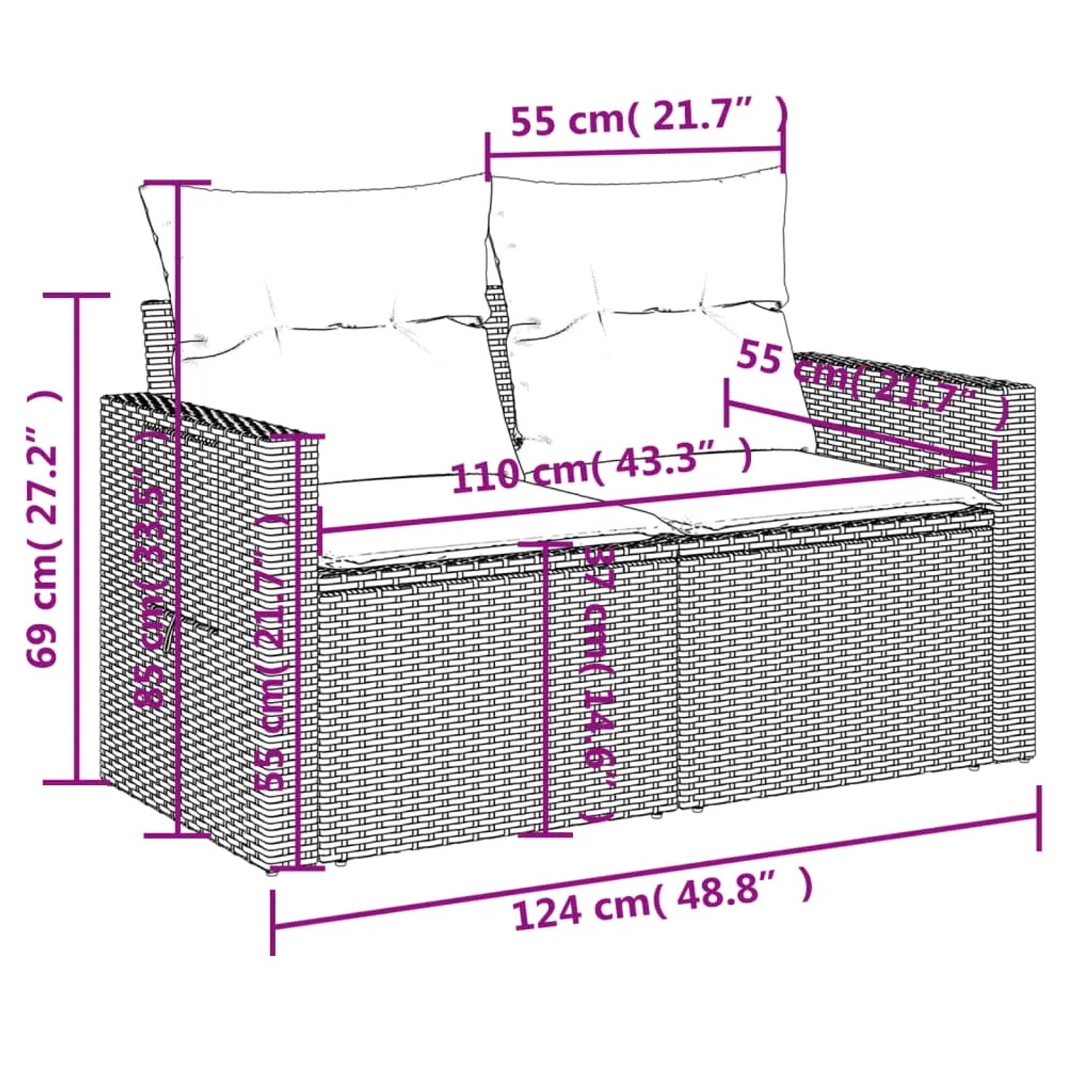 Beige 6-tlg. Garten-Sofagarnitur aus Rattan mit hellgrauen Kissen, Maße eingezeichnet.