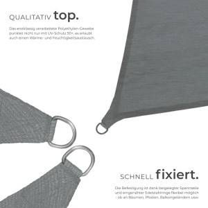 Graues Tectake Sonnensegel (3,6x3,6m) mit UV-Schutz und Edelstahlringen für Garten, Balkon und Terrasse.