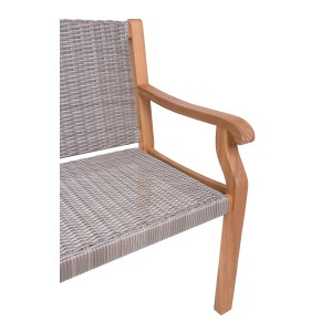 Detailansicht: Garten Pleasure Gartenbank Rosario aus grauem Kunststoffgeflecht und FSC®-Holz.