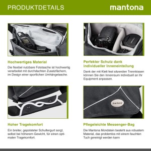 Mantona Mondstein Kameratasche: Innenansicht mit Kamera, gepolsterter Inneneinteilung, Tragegurt und robustem Material.