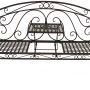 Schwarze 2-Sitzer Gartenbank Saket aus Metall mit hochklappbarem Tisch und Zierornamenten.