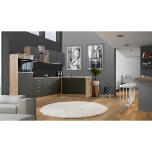 Moderne Winkelküche Morena in Basaltgrau und San Remo Eiche Optik mit E-Geräten.