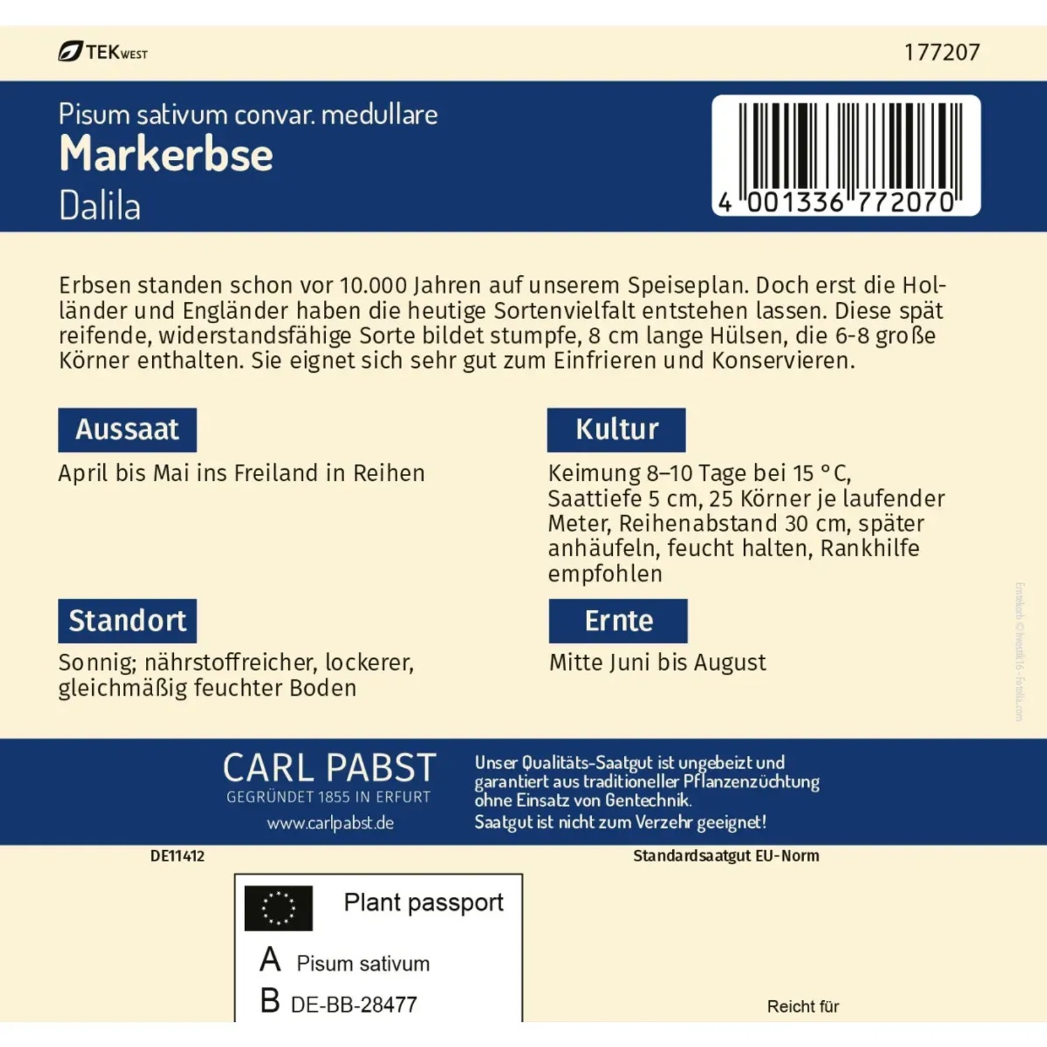Pabst Keimkraft Markerbse Dalila Saatgut Packung, späte Sorte für ca. 70 Pflanzen.
