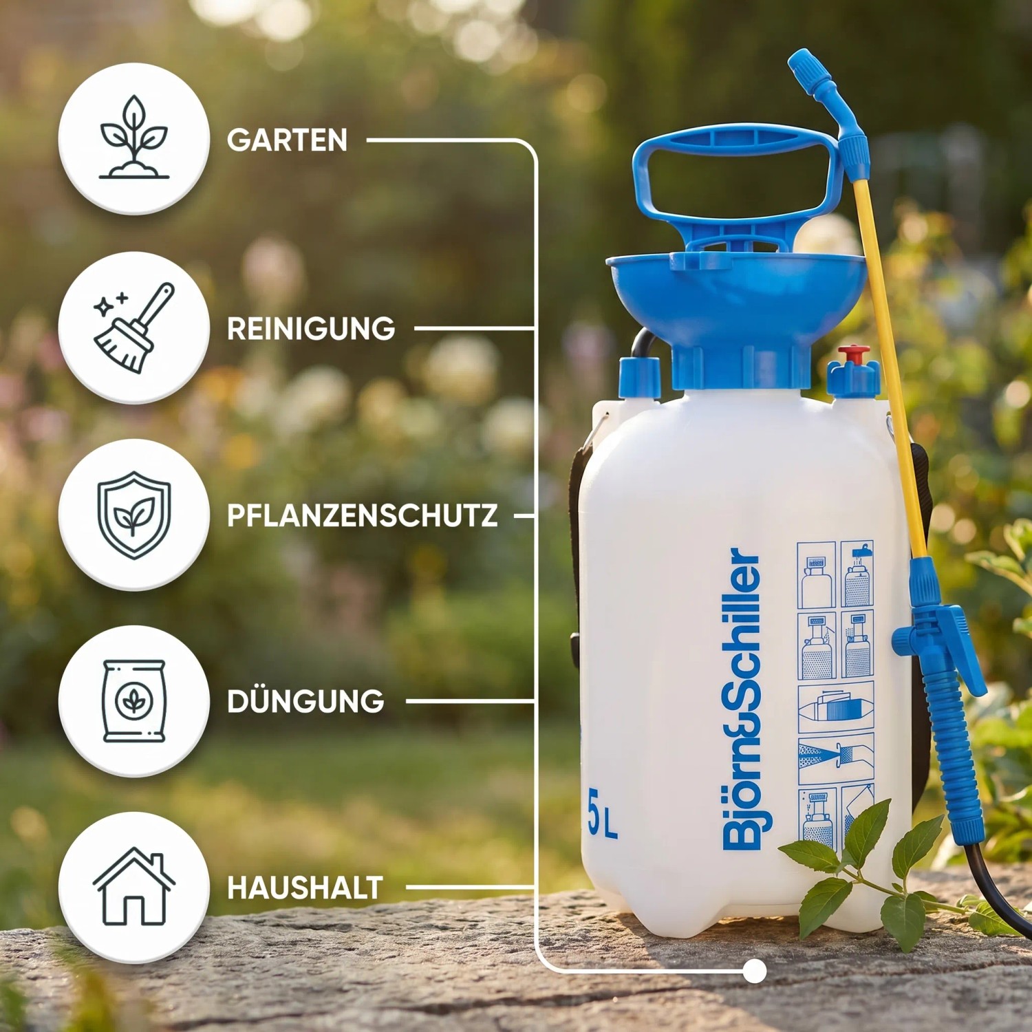 Björn&Schiller Drucksprüher 5L mit Schultergurt für Garten, Reinigung, Pflanzenschutz. Weiß-blau, mit Messskala.