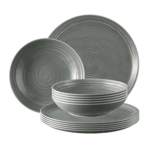 Seltmann Weiden Terra Tafelservice 12-teilig aus perlgrauem Porzellan mit spiralförmigem Relief. Geschirrset mit Tellern und Schalen.