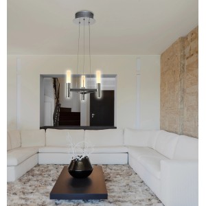 Moderne Näve LED-Pendelleuchte Castle, 3-flammig, mit zylinderförmigen Glasschirmen und warmweißem Licht.