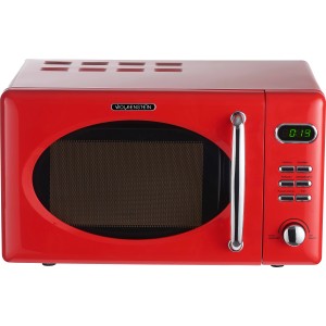 Rote Wolkenstein Mikrowelle WMW720 FR im Retro-Design mit digitalem Display.