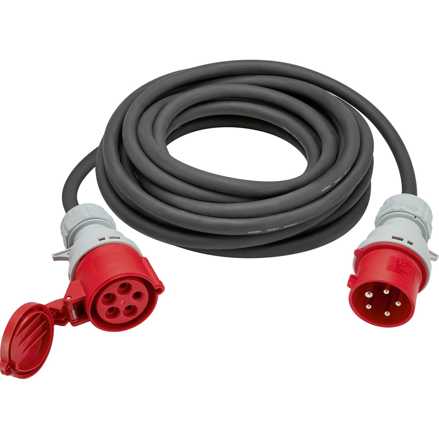 Schwarzes 5-poliges Gummi Verlängerungskabel mit rotem Stecker für Starkstrom.