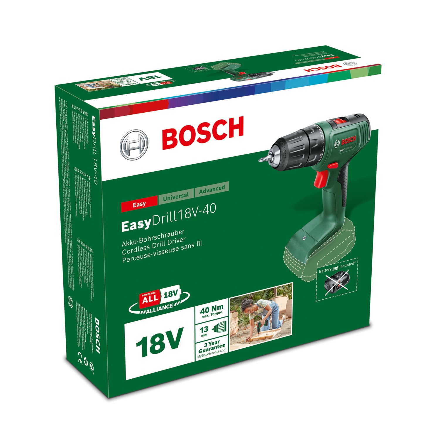 Bosch 18V Akku-Bohrschrauber EasyDrill 18V-40 Solo im Karton.