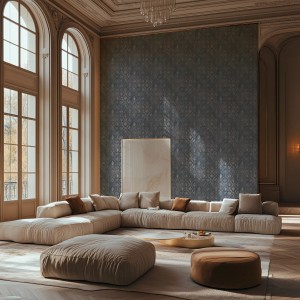 Wohnraum mit dunkelblauer A.S. Creation Vliestapete Ornament Klassisch an der Wand.