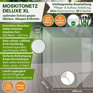 Moskitonetz DELUXE XL 300x300x250cm, feinmaschig für optimalen Insektenschutz. Ideal als Bett Baldachin.