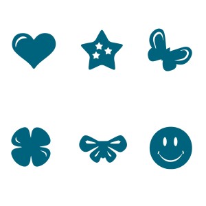 Pebaro Prägestempel-Set: Motive wie Herz, Stern, Schmetterling, Kleeblatt, Schleife und Smiley.