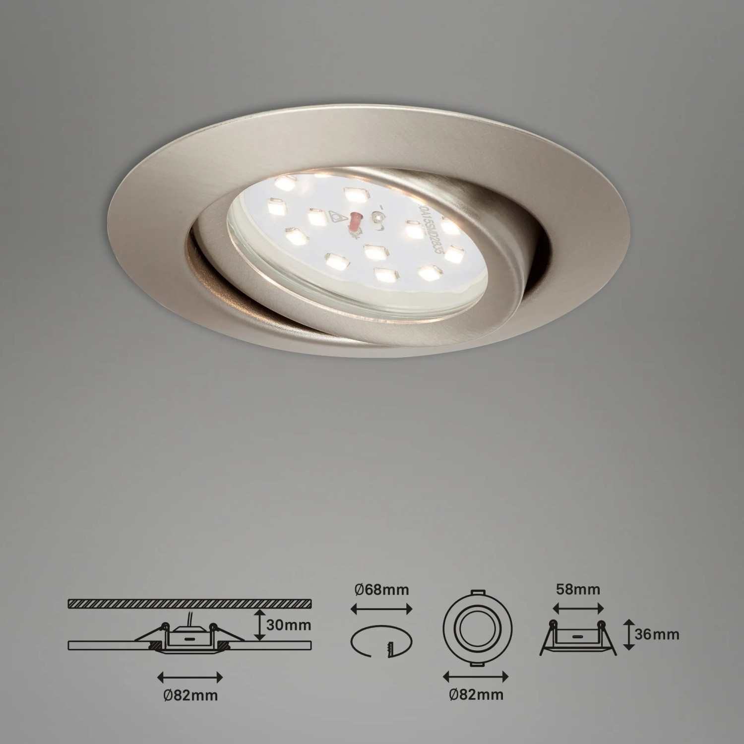 Briloner LED-Einbaustrahler, Nickel matt, schwenkbar. Inkl. Maßangaben.