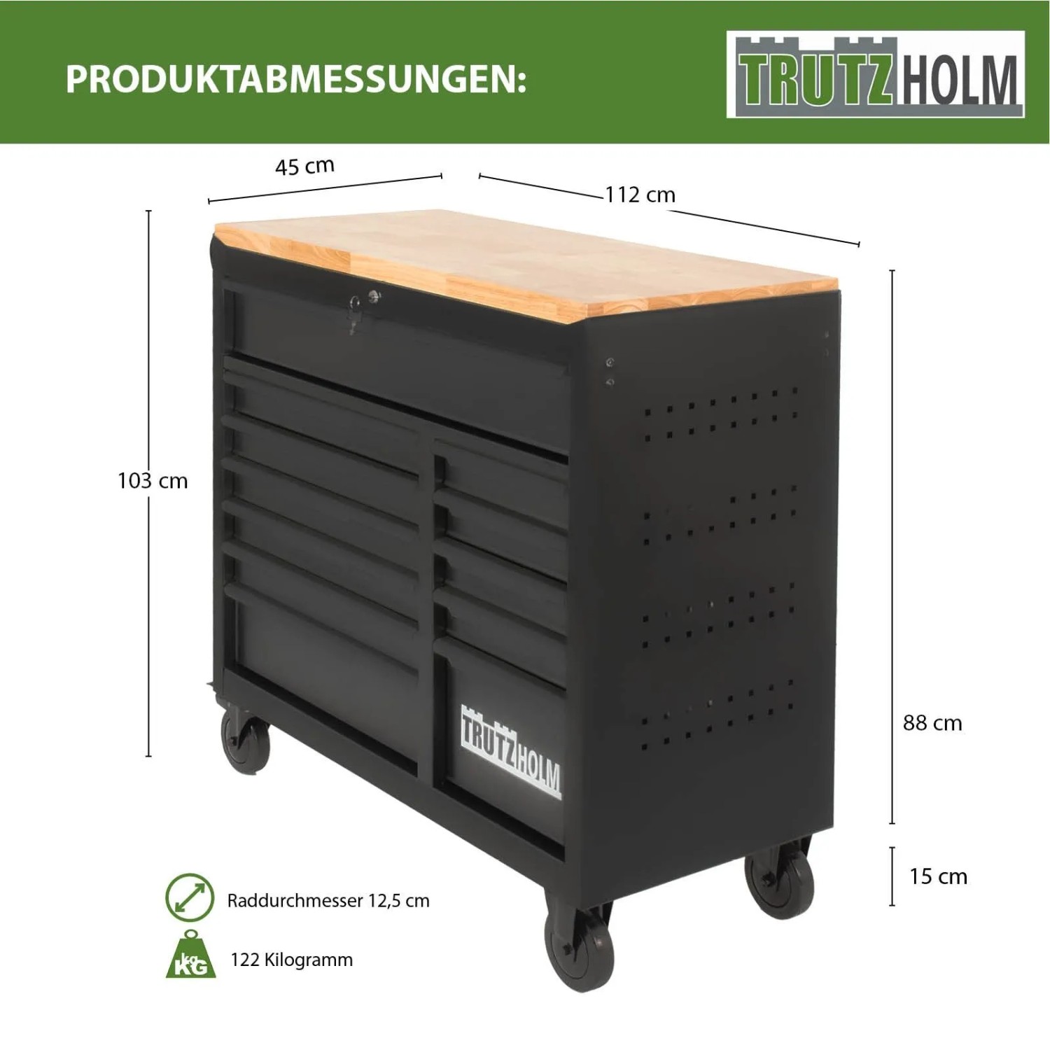 TRUTZHOLM Werkstattwagen Star XL, unbestückt, schwarz-grau, mit 12 Schubladen und Holzplatte.