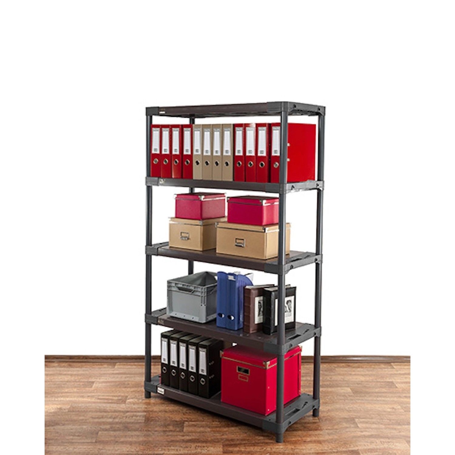 Graues PROREGAL Kunststoffregal Grey Bear Tall mit 5 Böden, beladen mit Ordnern und Kisten.