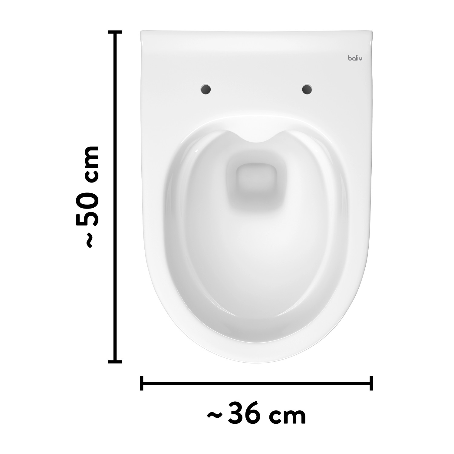 Weißes, spülrandloses baliv Wand-WC Set Mansfield mit Tiefspüler, Ansicht von oben mit Maßangaben.