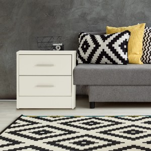 Weißer ML-Design Nachttisch mit 2 Schubladen und Alu-Griffen (38x37x34 cm).