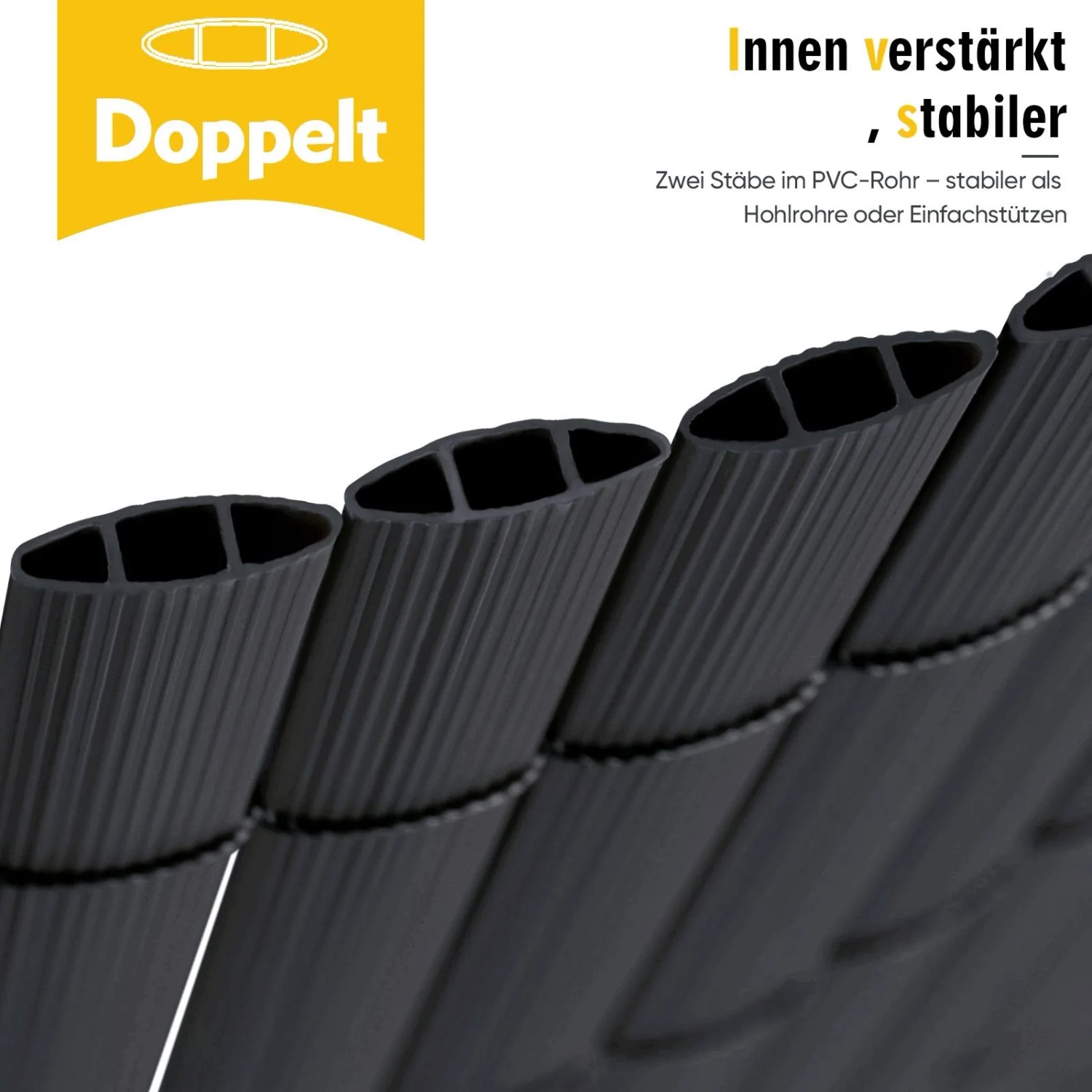 Detailaufnahme: Anthrazitfarbene Sekey PVC Sichtschutzmatte mit doppelter Innenverstärkung.