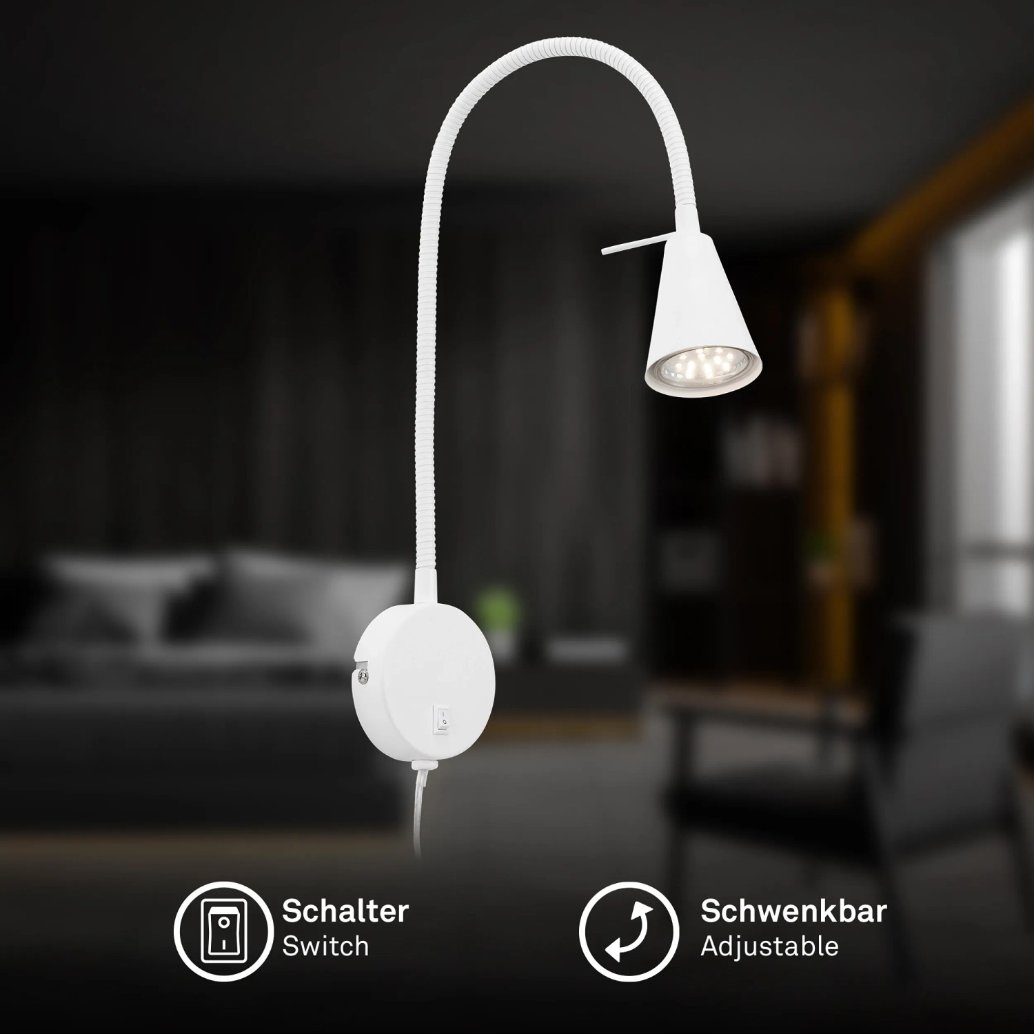 Weiße, schwenkbare Briloner LED Bettleuchte Tusa mit Flexarm für Nachttisch oder Wand.