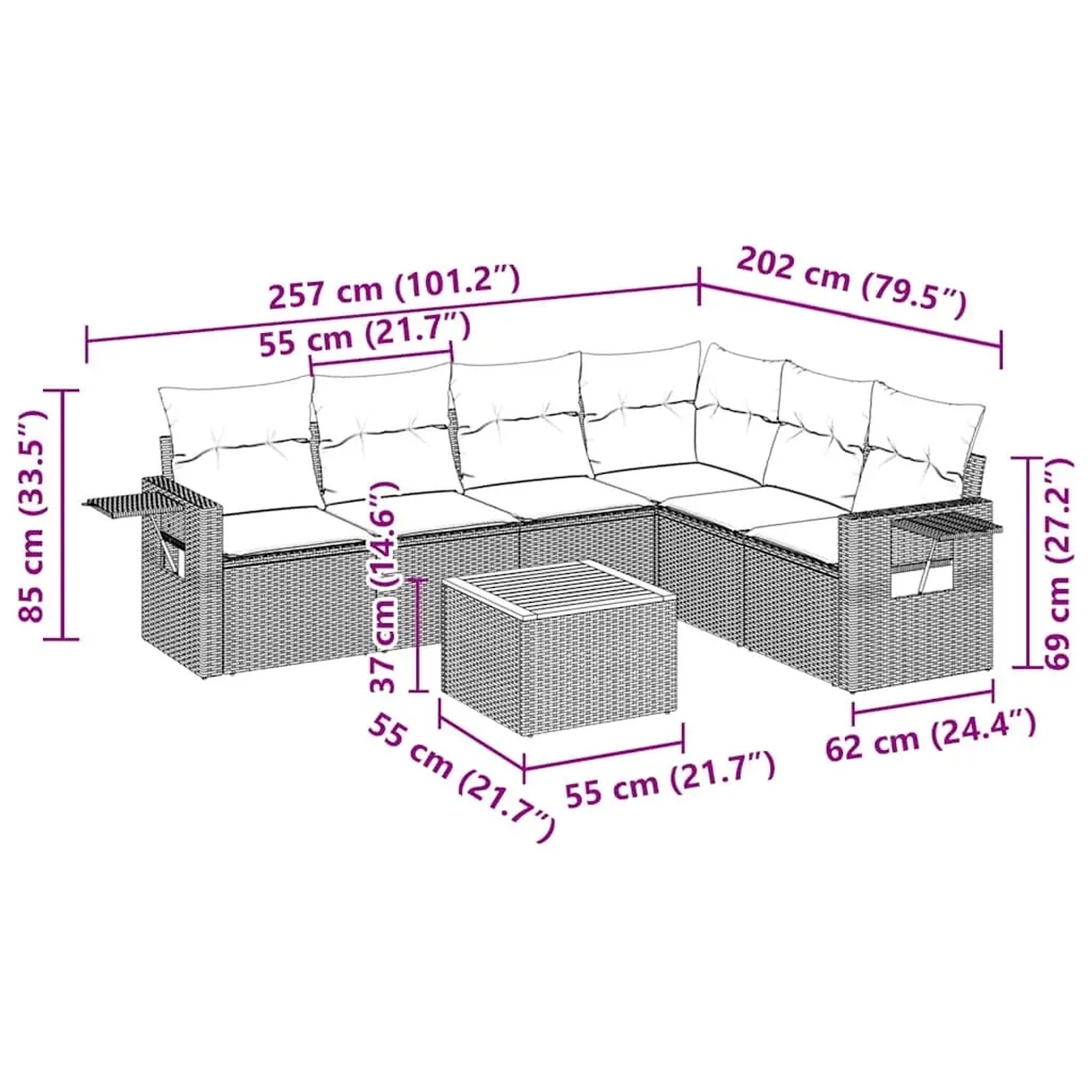 Schwarze 7-tlg. vidaXL Garten-Sofagarnitur aus Rattan mit Kissen und Tisch, Maße eingezeichnet.