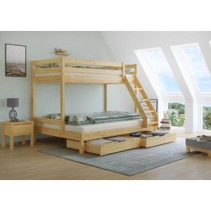 Helles Kiefer Doppel-Etagenbett mit 90x200/140x200 cm Liegeflächen, Leiter und zwei ausziehbaren Bettkästen.