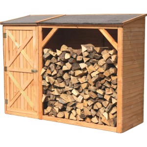 Kaminholzkombination Pforzheim mit Schrank aus Kiefernholz, wetterfest imprägniert und mit Dachpappe.