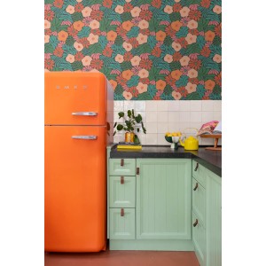 ESTAhome Tapete Blumen im Matisse-Stil Dunkelgrün Orange und Blau 50 x 900 cm