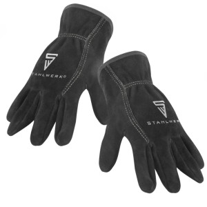 STAHLWERK Schweißerhandschuhe, 2er Set, aus schwarzem, hitzebeständigem Spaltleder mit weißen Nähten.