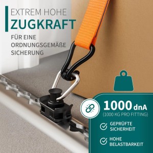 TRAILERKRAFT Airlineschienen Fitting, schwarz, mit Edelstahl-Zurröse und orangefarbenem Gurt sichert Ladung. 1000 daN Tragfähigkeit.