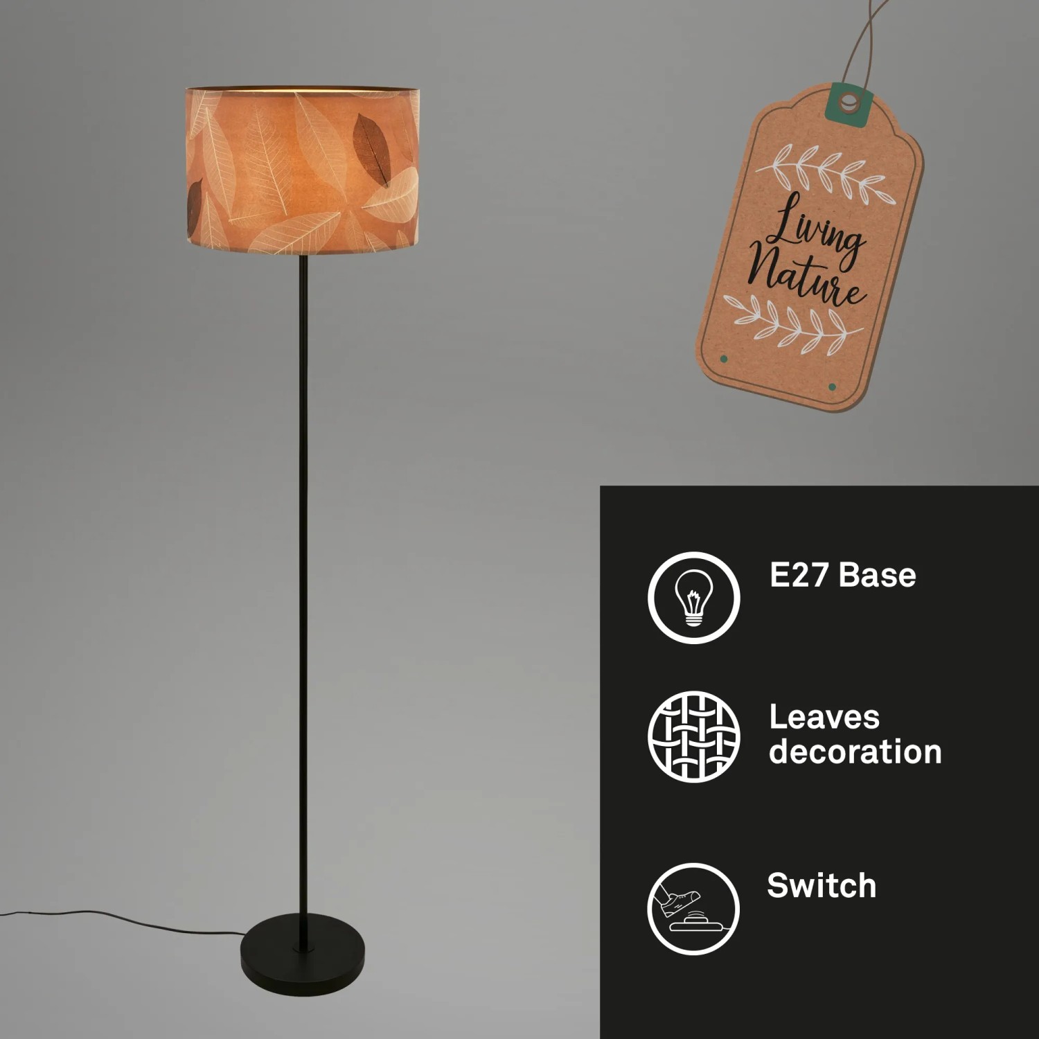 Briloner Stehleuchte Swing Nature mit Blätterdekor, Papierschirm und E27 Fassung in Kaffee.