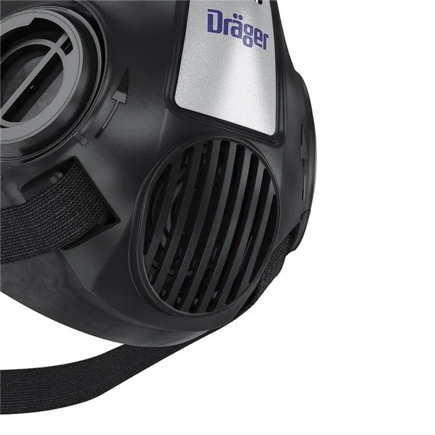 Schwarze Dräger X-plore 3500 Atemschutz-Halbmaske, seitlicher Filteranschluss, Dräger Logo.