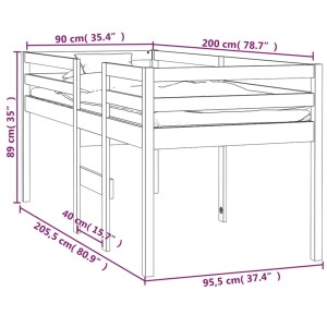 Skizze eines unbehandelten Kiefernholz Hochbetts 90x200 cm mit Leiter und den Maßen.